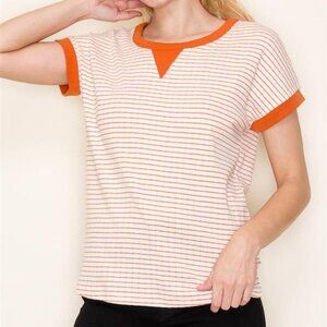 Women's Orange and White Stripe T-shirt Staccato Size Small
